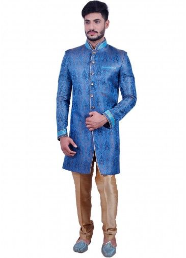 Readymade Blue Brocade Woven Sherwani Churidar Set