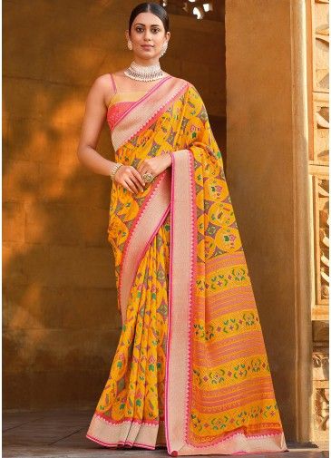 Traditional Yellow Printed Saree In Art Silk