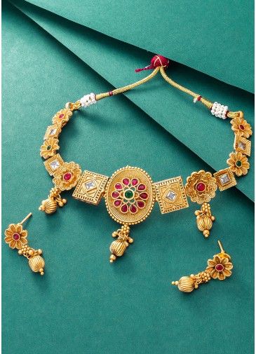 Studded Stones Golden Choker Necklace Set