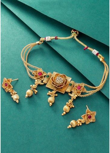 Golden Festive Wear Embossed Choker Necklace Set