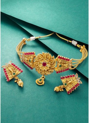 Stone Studded Golden Choker Necklace Set