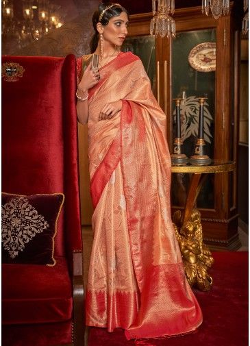 Orange Zari Woven Handloom Silk Saree