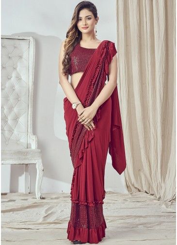 Red Pre-Stitched Lycra Cocktail Saree