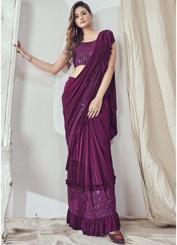 Purple Lycra Pre-Stitched Saree With Sequined Blouse