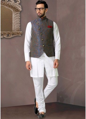 Readymade Grey Woven Jacquard Asymmetric Nehru Jacket