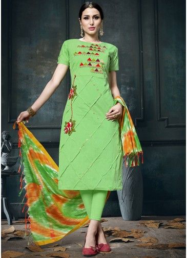 Green Cotton Salwar Suit In Resham Work