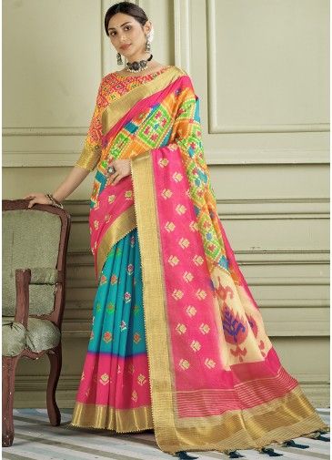 Multicolored Printed Designs Handloom Silk Saree