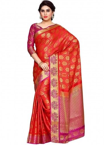 Red Woven Kanjivaram Silk Saree With Blouse