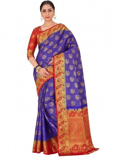 Blue Woven Kanjivaram Silk Saree With Blouse