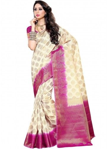 White Traditional Woven Saree With Blouse