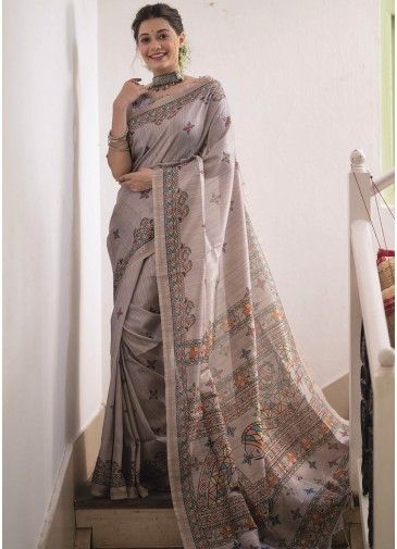 Grey Tussar Silk Saree In Printed Designs
