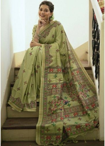 Green Printed Saree In Tussar Silk