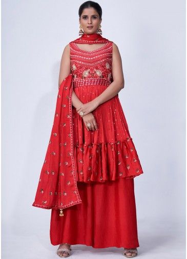 Red Embroidered Palazzo Suit Set In Chiffon