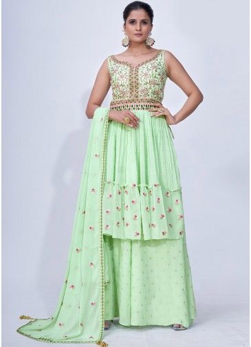 Green Readymade Embroidered Palazzo Suit Set