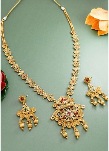 Golden Pink Stone Studded Necklace Set 164JW06
