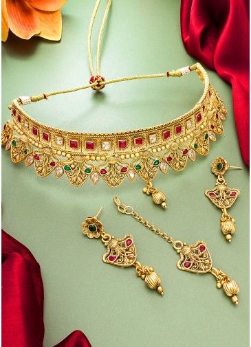 Studded Stones Golden Choker Necklace Set