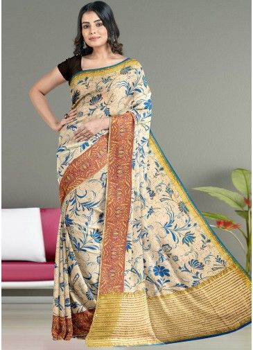 Cream Printed & Embellished Kanjivaram Silk Saree