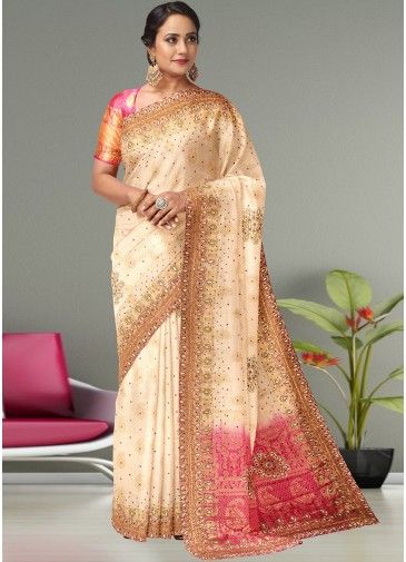 Off White Embroidered Border Saree & Blouse