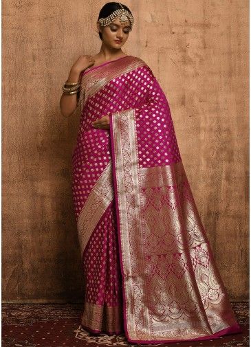 Pink Zari Woven Banarasi Satin Saree With Blouse