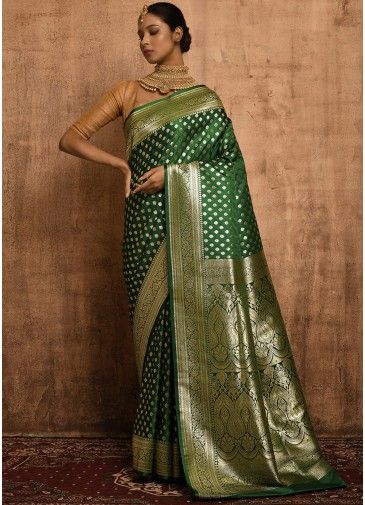 Green Banarasi Satin Saree In Woven Design