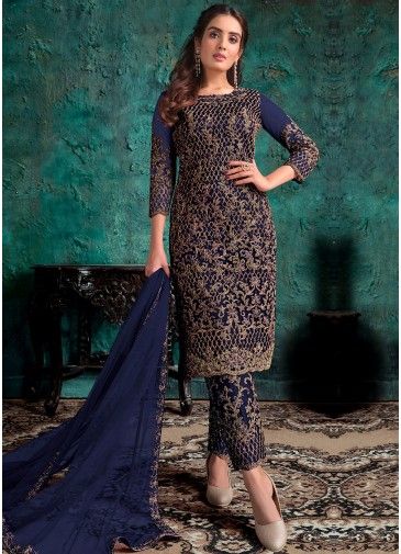 Blue Dori Embroidered Pant Suit Set In Net
