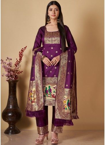 Purple Zari Woven Banarasi Silk Suit Set