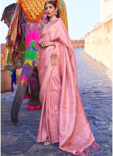 Pink Woven Handloom Art Silk Saree With Blouse