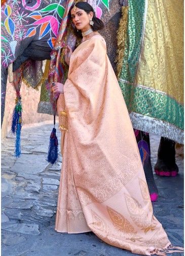 Cream Zari Woven Handloom Saree With Blouse