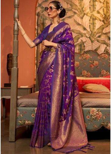 Lavender Art Silk Saree Sari fabric India Golden Border 