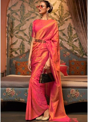 Pink Woven Pallu Saree In Art Silk