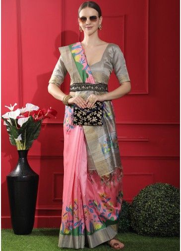 Pink Tussar Silk Saree In Printed Work