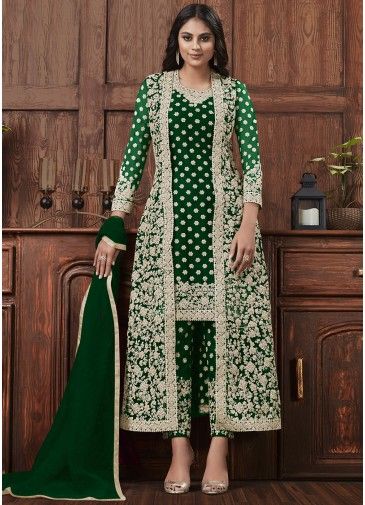 Green Embroidered Net Pant Suit Set