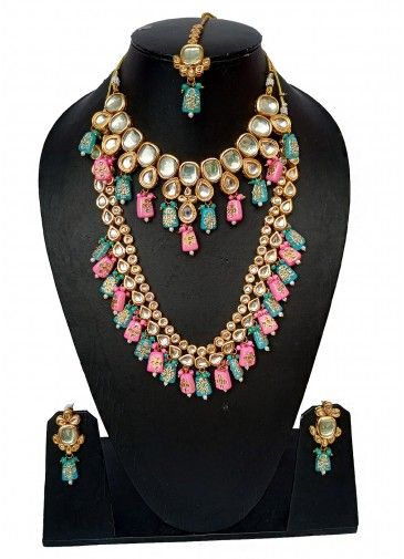 Blue And Pink Kundan Studded Necklace Set