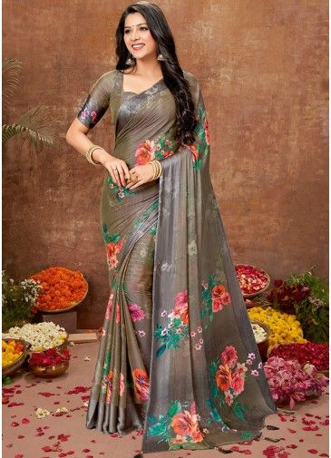 Green Floral Printed Chiffon Saree With Blouse