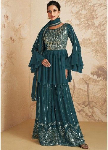 Blue Embroidered Peplum Style Gharara Suit Set