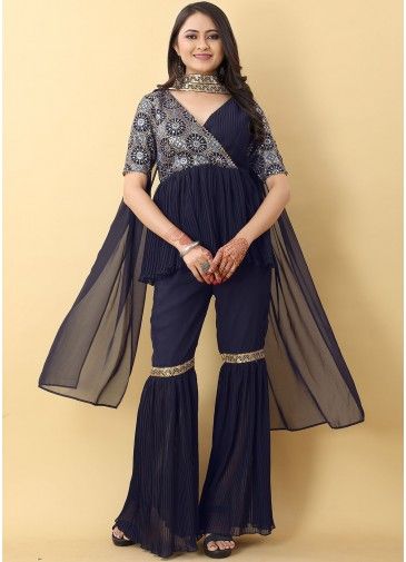 Readymade Navy Blue Embroidered Pleated Sharara Style Suit