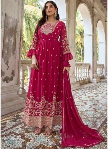 Pink Embroidered Anarkali Suit In Georgette