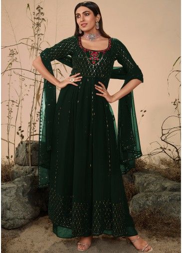Green Embroidered Palazzo Suit In Georgette