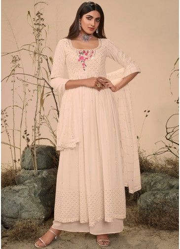Off White Georgette Thread Embroidered Palazzo Suit