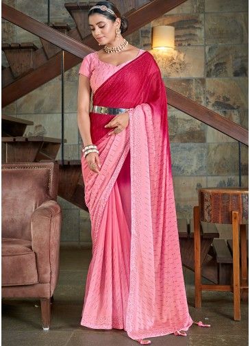 Pink Shaded Party Wear Saree With Stone Work
