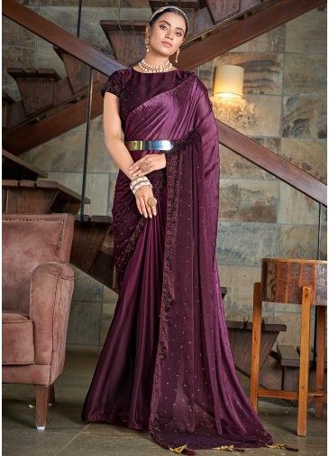 Purple Stone Studded Saree In Art Silk