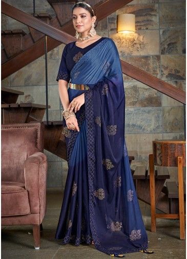 Blue Stone Embellished Saree In Art Silk