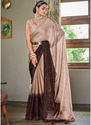 Beige And Brown Party Wear Saree With Blouse