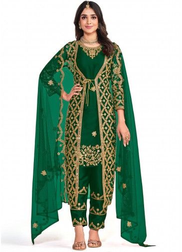 Green Net Pant Suit Set With Jacket