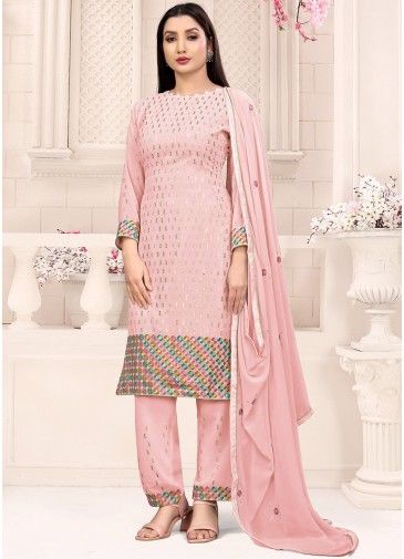 Pink Sequins Embroidered Pant Suit In Georgette