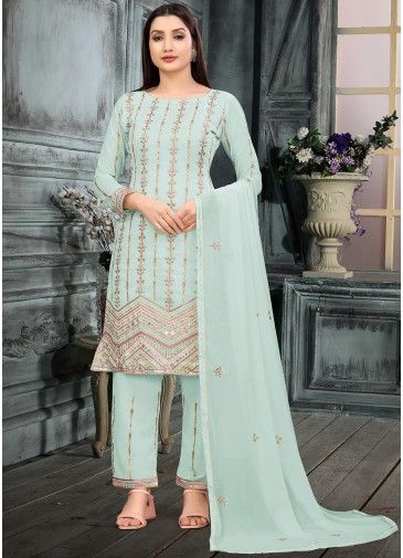 Blue Thread Embroidered Pant Suit & Dupatta