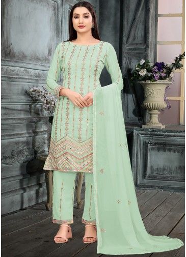 Green Georgette Suit In Thread Embroidery