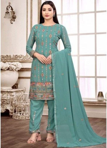 Green Thread Embroidered Straight Cut Pant Suit