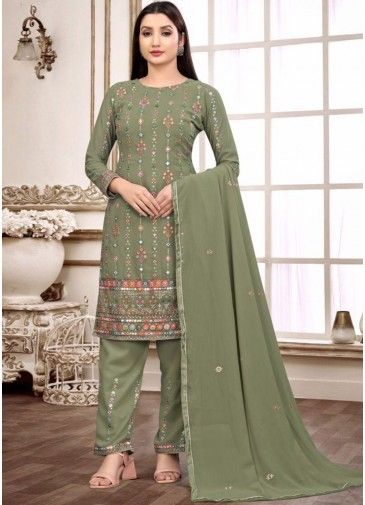 Green Thread Embroidered Suit In Georgette
