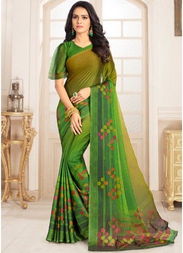 Shaded Green Digital Printed Saree & Blouse